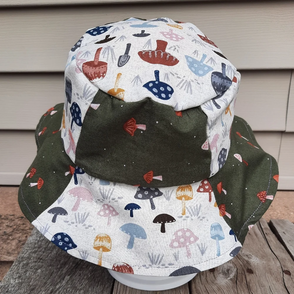 Mushrooms handmade bucket hat L 2 tone